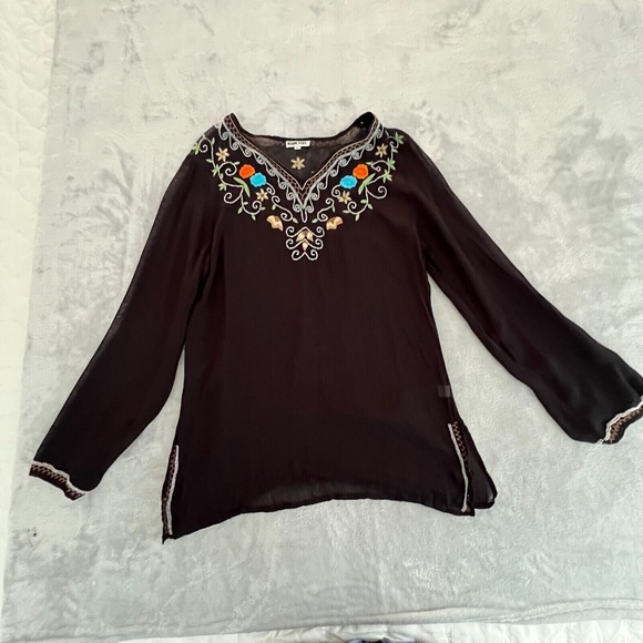 Vintage Womens Y2K Sheer Boho Beaded Embroidered Cover Up Tunic Top Sz M Black - Picture 4 of 11
